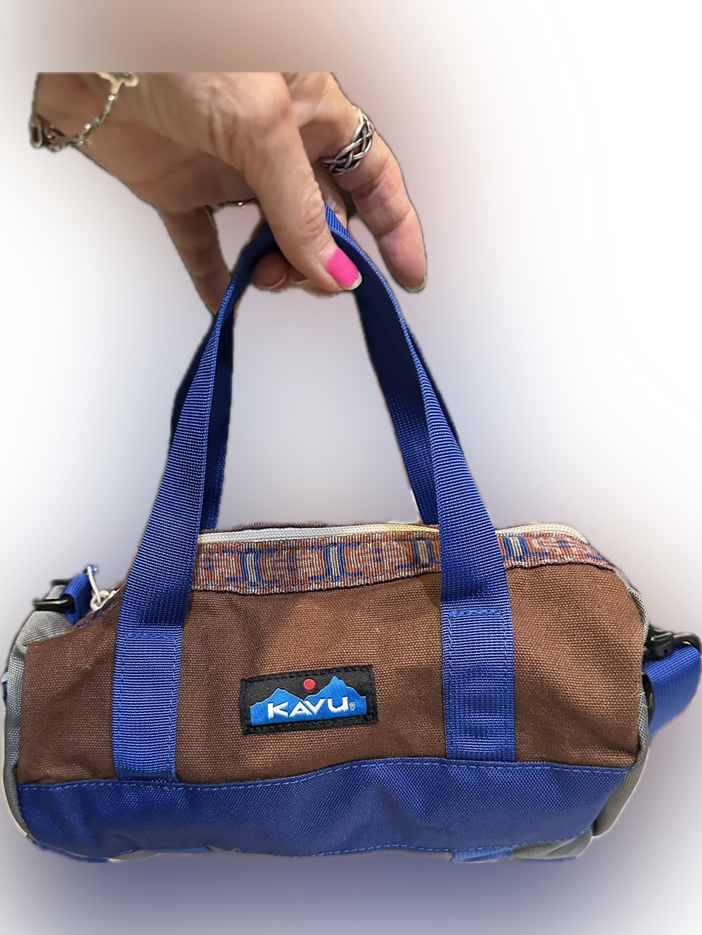 KAVU UNISEX MINI SMALL DUFFLE BAG BROWN BLUE CARRYALL PURSE TRAVEL HANDLED XBODY - Picture 3 of 11